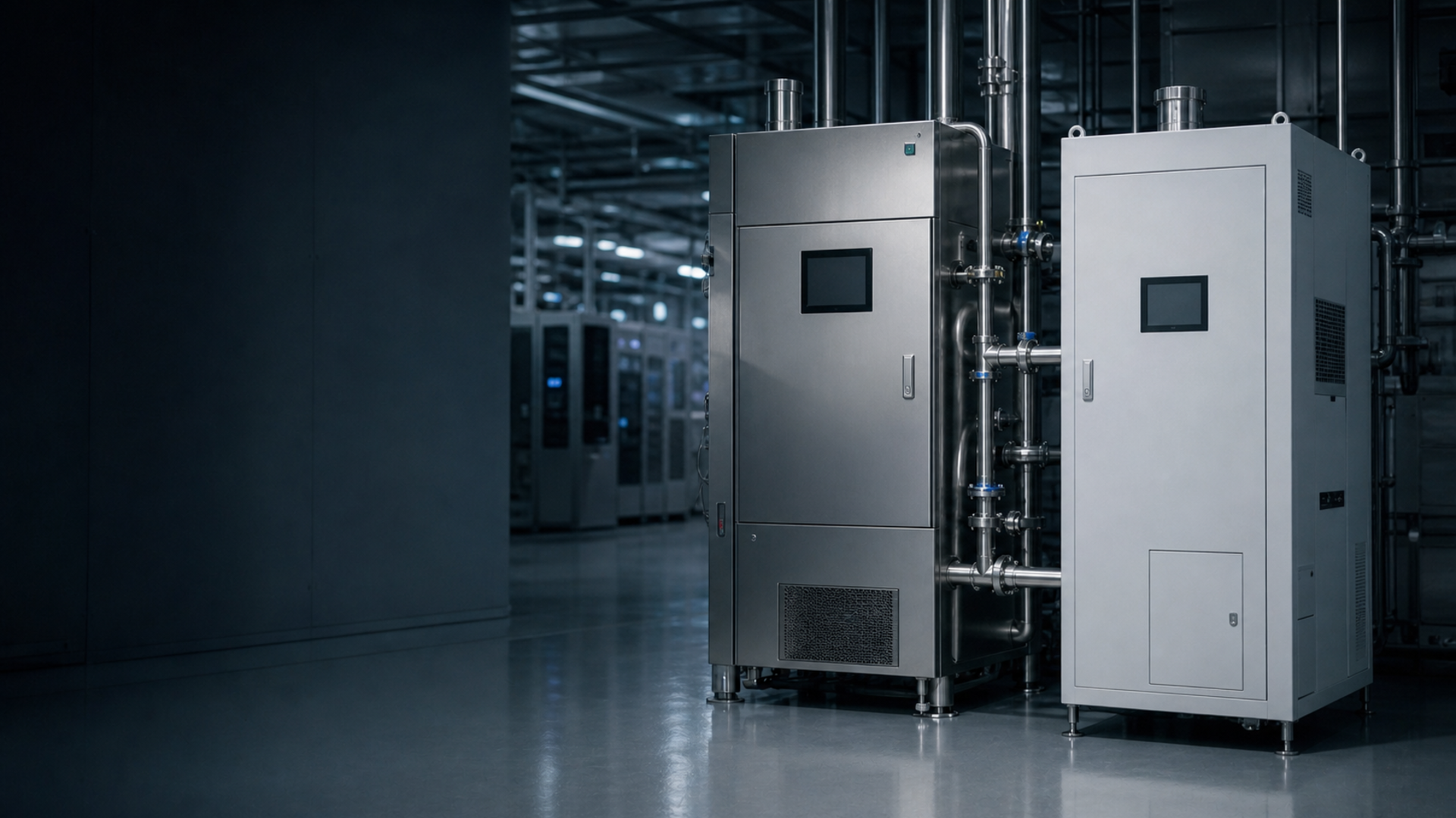 Two cleanroom equipment cabinets connected by stainless plumbing, semiconductor partnership collaboration