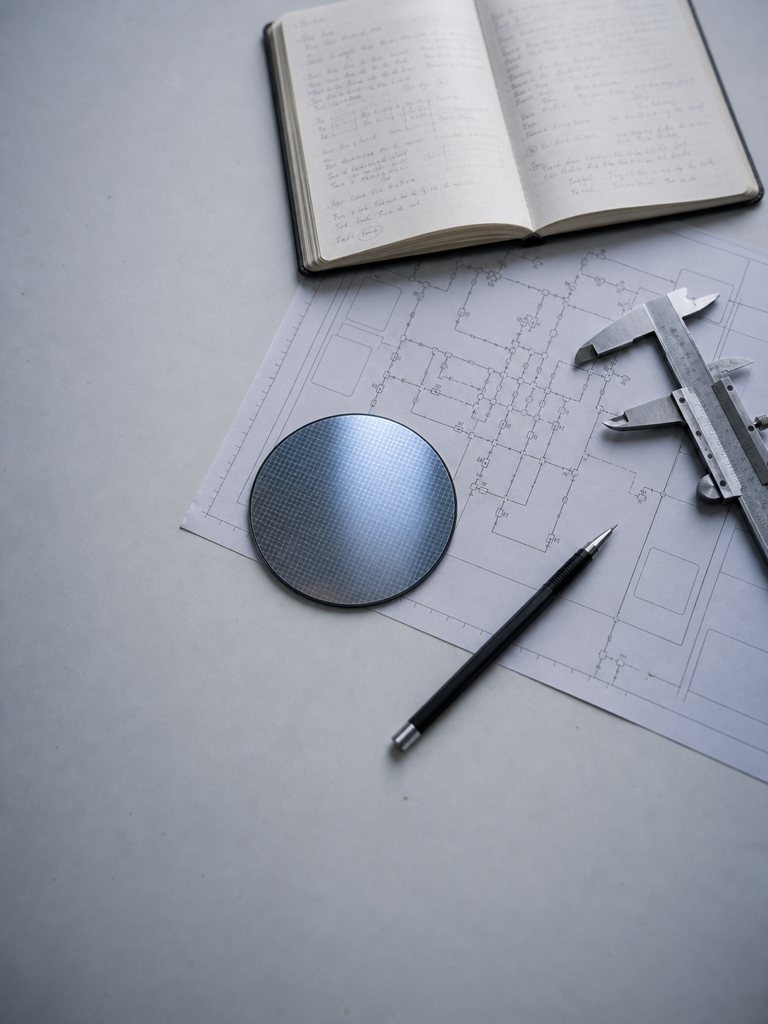 Editorial flat-lay of semiconductor process documentation, blueprint diagrams, and lab notebooks
