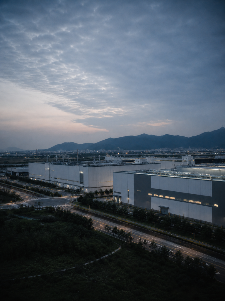 Aerial view of the Korean semiconductor industrial district at dusk