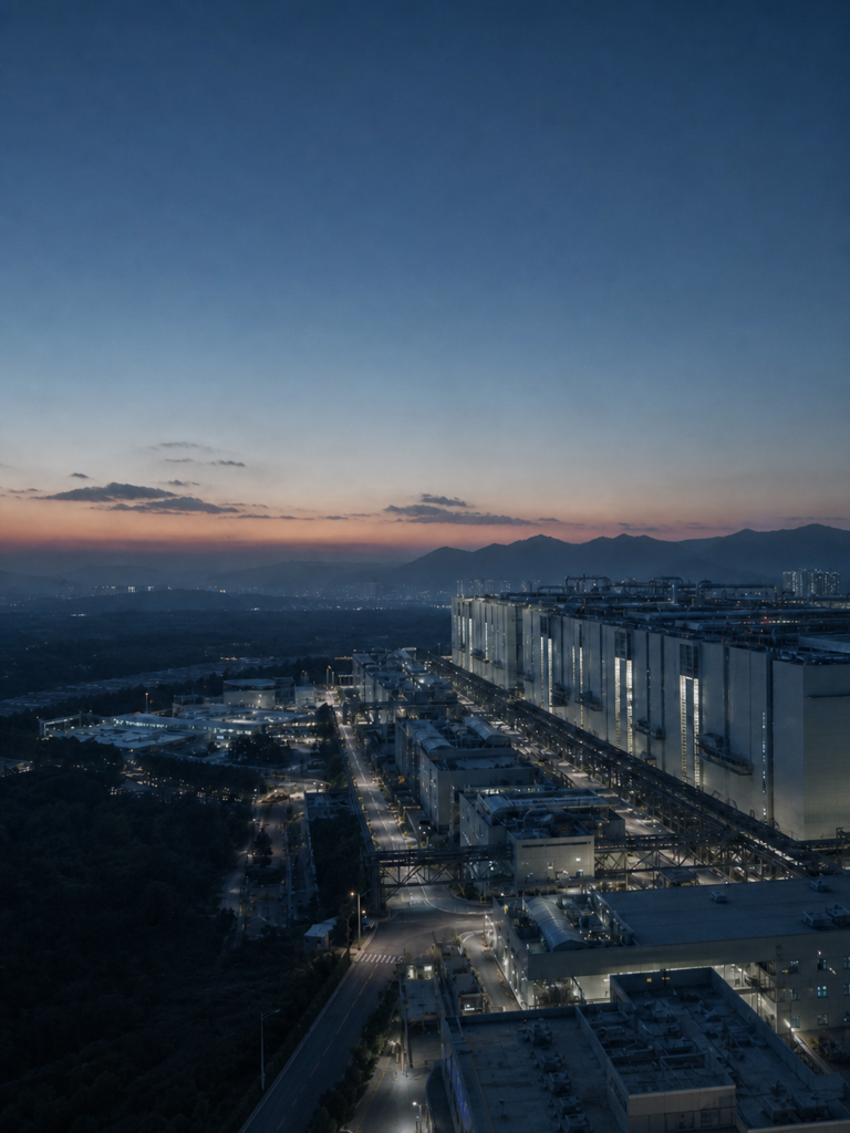 K-Semiconductor Belt at dusk, aerial view of Pyeongtaek, Icheon, Yongin, and Cheongju fab complexes