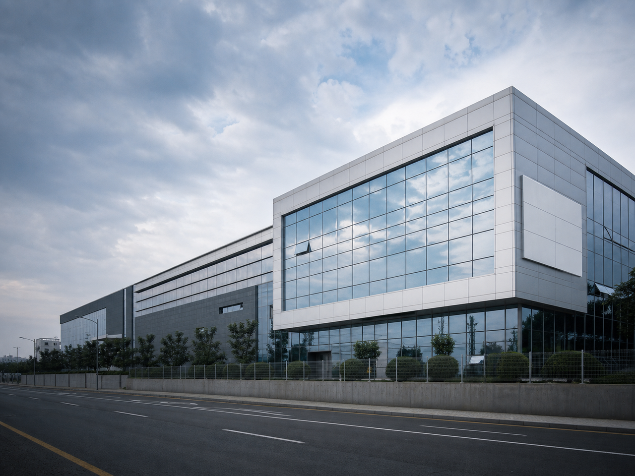 Modern Korean office building exterior with brushed-metal cladding in soft daylight