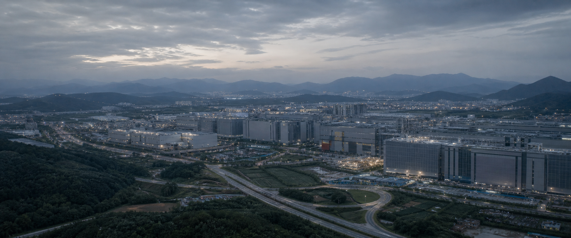 Wide landscape of the K-Semiconductor Belt corridor with distant Korean mountains