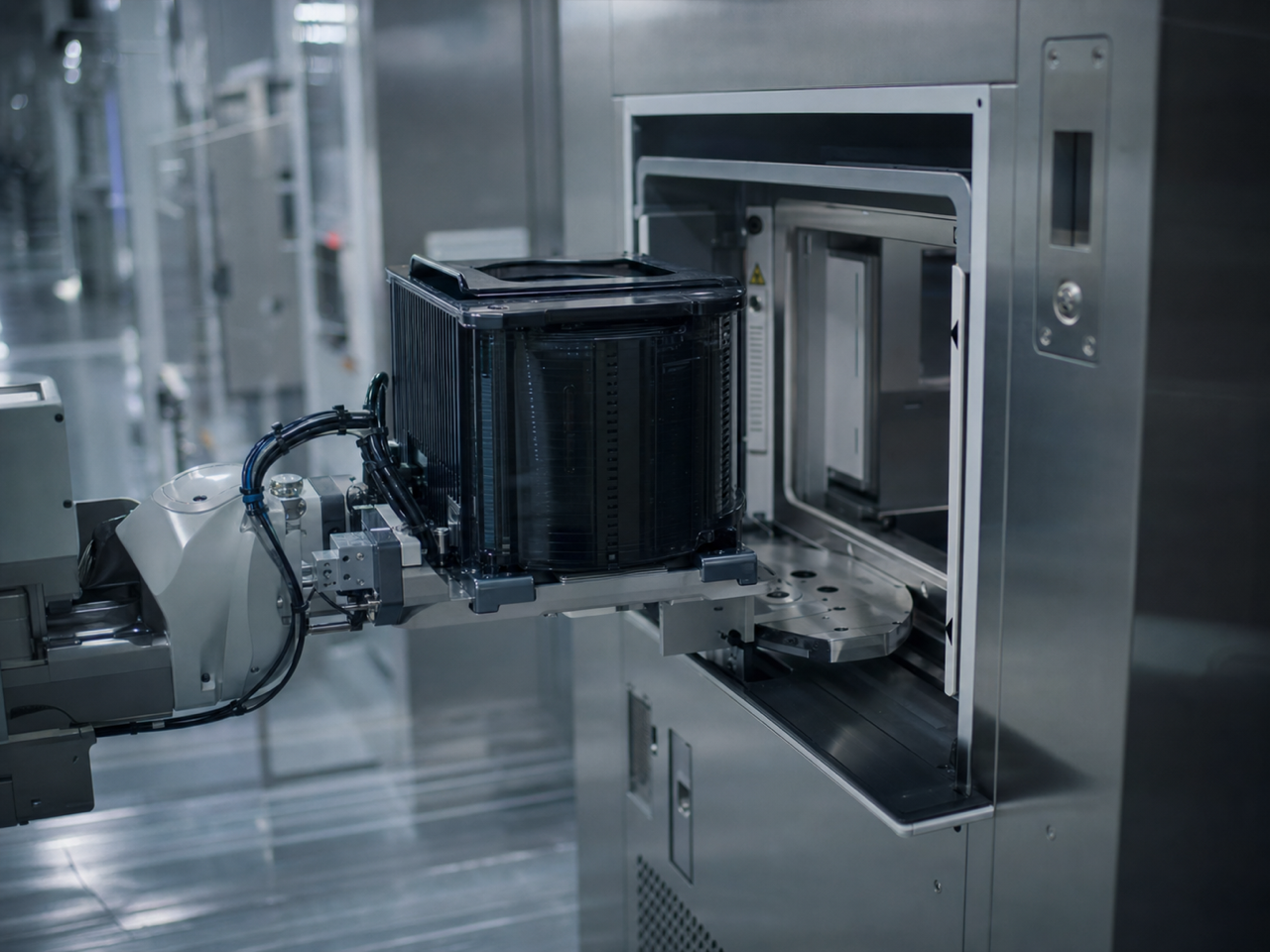 Process equipment integration shot inside a Korean semiconductor fab, wafer handler, gas cabinets, and clean-utility headers